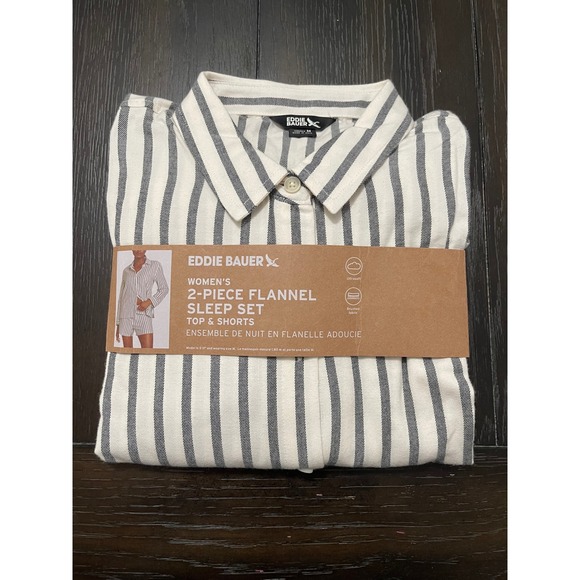 Eddie Bauer Other - EDDIE BAUER 2-Piece Flannel Sleep Short Set Ivory Striped Medium NEW Lounge Soft